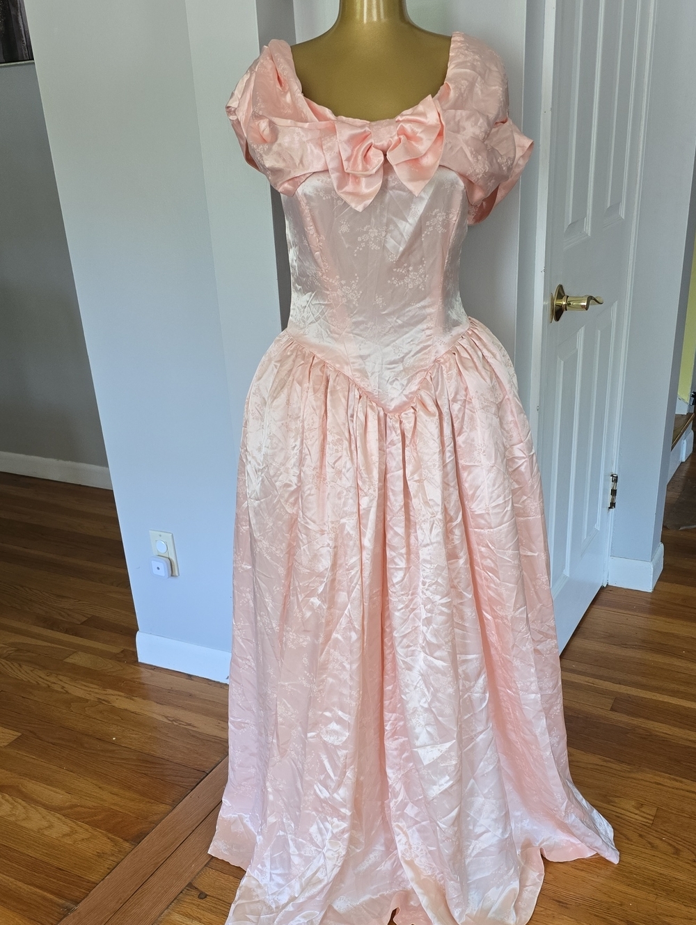 Romantic Peach Satin Ball Gown with Bow